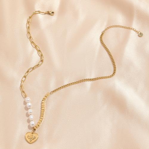 Edelstahl Schmuck Halskette, 304 Edelstahl, mit Kunststoff Perlen, mit Verlängerungskettchen von 5cm, Herz, Modeschmuck & für Frau & mit Strass, Länge:ca. 40 cm, verkauft von PC