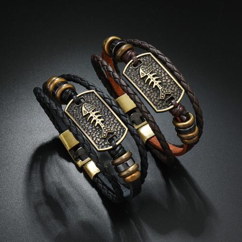 PU Leather Cord Bracelets Zinc Alloy with PU Leather & Wax Cord & Hematite & Copper Coated Plastic handmade three layers & fashion jewelry & for man Length 21 cm Sold By PC