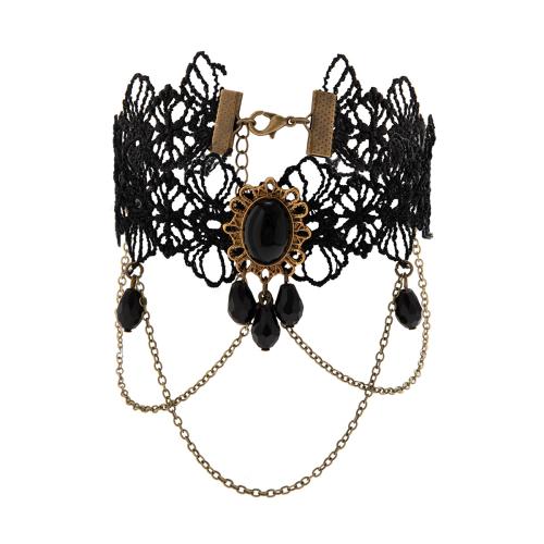 Body Chain Jewelry, Lace, with iron chain & Crystal & Tibetan Style, with 2 Inch extender chain, handmade, fashion jewelry & for woman, black, Length:9.8 Inch, Sold By PC