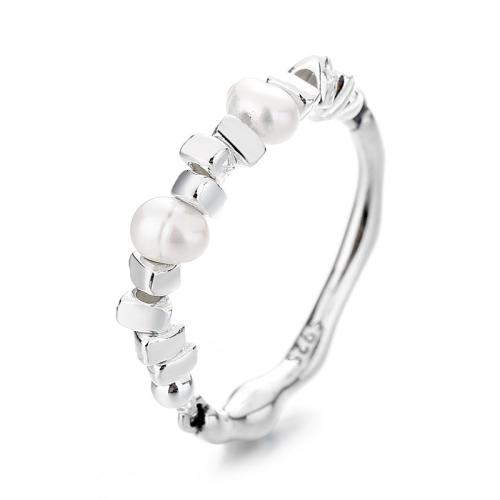 Plata de ley 925 anillo, con Perlas plásticas, Estilo coreano & para mujer, plateado, tamaño:8-9, Vendido por UD