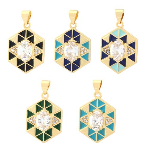 Cubic Zirconia Micro Pave Brass Pendant, Hexagon, 18K gold plated, fashion jewelry & DIY & micro pave cubic zirconia & enamel, more colors for choice, nickel, lead & cadmium free, 15x26mm, Sold By PC