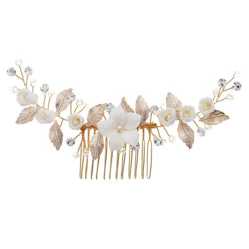 Decorative Hair Combs, Tibetan Style, with Porcelain, handmade, fashion jewelry & for woman & with rhinestone, golden, 160x50mm, Sold By PC