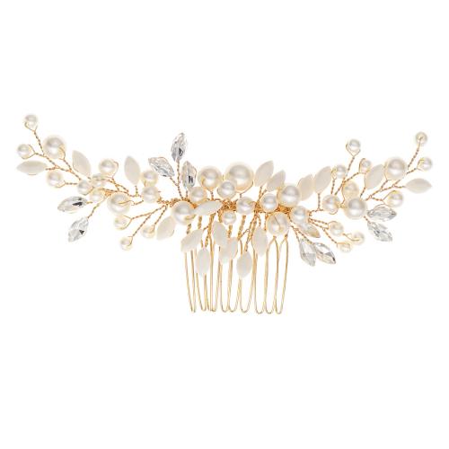 Dekorativa Hår Combs, Mässing, med Plast Pearl, handgjord, mode smycken & för kvinna & med strass, gyllene, 140x60mm, Säljs av PC