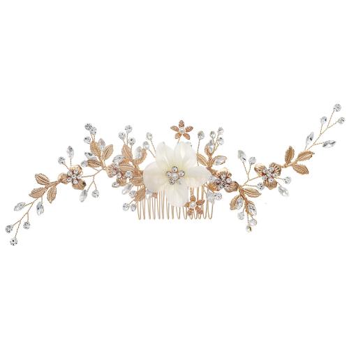 Decorative Hair Combs, Brass, with Plastic Pearl, fashion jewelry & for woman & with rhinestone, golden, 270x70mm, Sold By PC