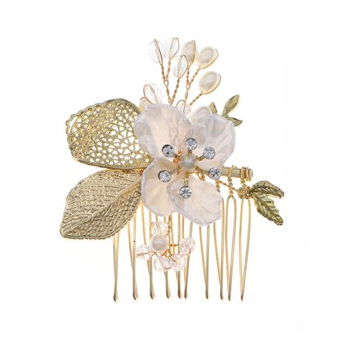 Decorative Hair Combs, Tibetan Style, with Plastic Pearl, fashion jewelry & for woman & with rhinestone, golden, 65x55mm, Sold By PC