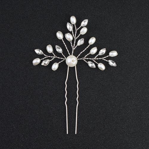 Hair Stick Zinc Alloy with Plastic Pearl fashion jewelry & for woman & with rhinestone silver color Sold By PC