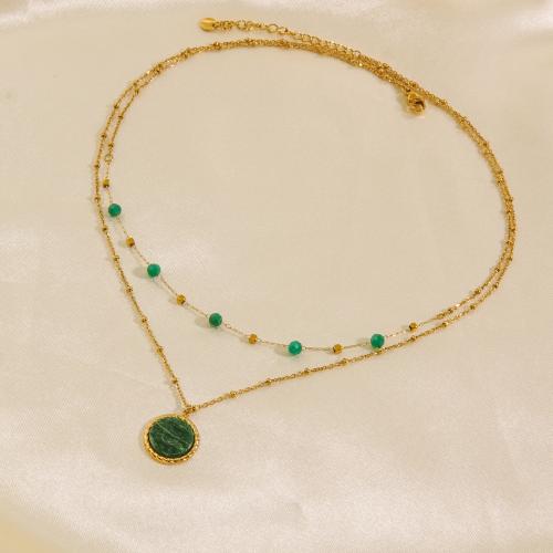 Edelstahl Schmuck Halskette, 304 Edelstahl, mit afrikanische Jade, mit Verlängerungskettchen von 5cm, Doppelschicht & Modeschmuck & für Frau, Länge:ca. 41 cm, ca. 46 cm, verkauft von PC