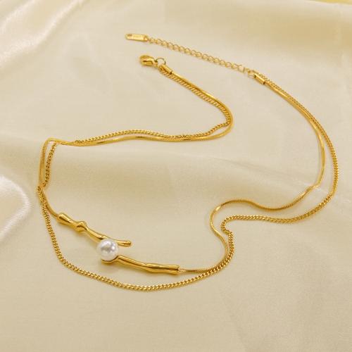 Edelstahl Schmuck Halskette, 304 Edelstahl, mit Muschelkern, mit Verlängerungskettchen von 5cm, Doppelschicht & Modeschmuck & für Frau, keine, Länge:ca. 41 cm, ca. 45 cm, verkauft von PC