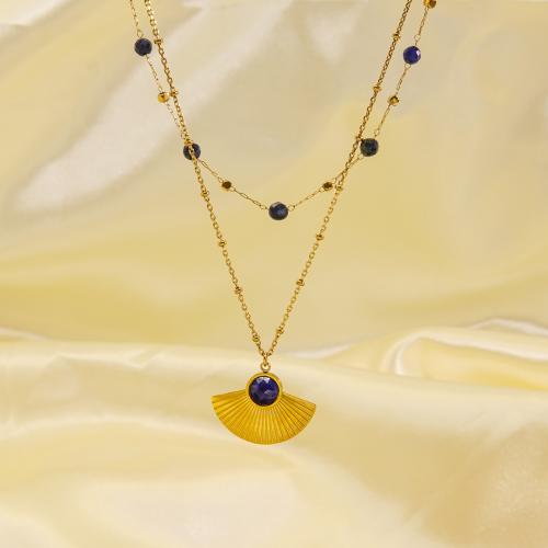 Collier de bijoux en acier inoxydable, Acier inoxydable 304, avec Lapis lazuli, avec 5cm chaînes de rallonge, éventail, Double couche & bijoux de mode & pour femme, 24x19mm, Longueur:Environ 41 cm, Environ 46 cm, Vendu par PC