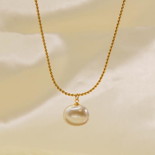Collier de bijoux en acier inoxydable, Acier inoxydable 304, avec perle d'eau douce cultivée, avec 5cm chaînes de rallonge, bijoux de mode & pour femme, doré, 16x13mm, Longueur:Environ 40 cm, Vendu par PC