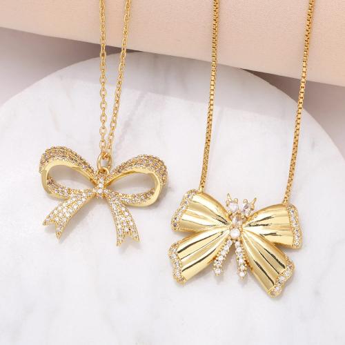 Cubic Zircon Micro Pave Brass Necklace Bowknot plated fashion jewelry & micro pave cubic zirconia golden nickel lead & cadmium free Sold By PC