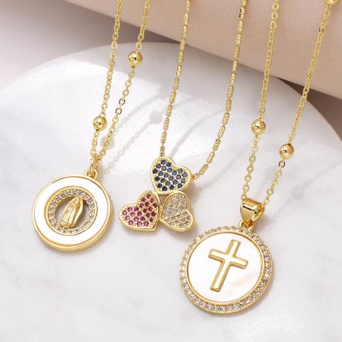 Cubic Zircon Micro Pave Brass Necklace with Shell plated fashion jewelry & micro pave cubic zirconia golden nickel lead & cadmium free Sold By PC