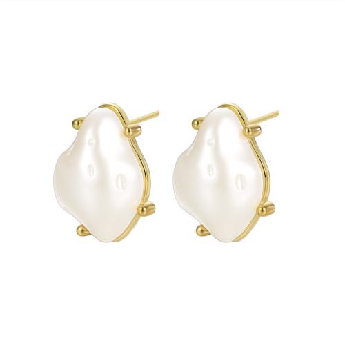 Messing oorbelknoppen, met Plastic Pearl, plated, voor vrouw, gouden, 20x15mm, Verkocht door pair