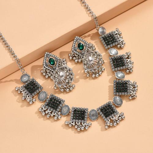 Zinc Alloy Jewelry Sets earring & necklace plated 2 pieces & for woman & with rhinestone green Sold By Set