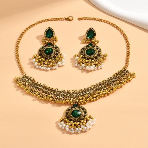 Zinc Alloy Jewelry Sets earring & necklace with Plastic Pearl 2 pieces & for woman & with rhinestone green Sold By Set