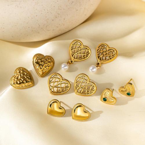 Boucle d'oreille Acier Titane, avec perle de plastique, Placage, styles différents pour le choix & pavé de micro zircon & pour femme, doré, Vendu par paire
