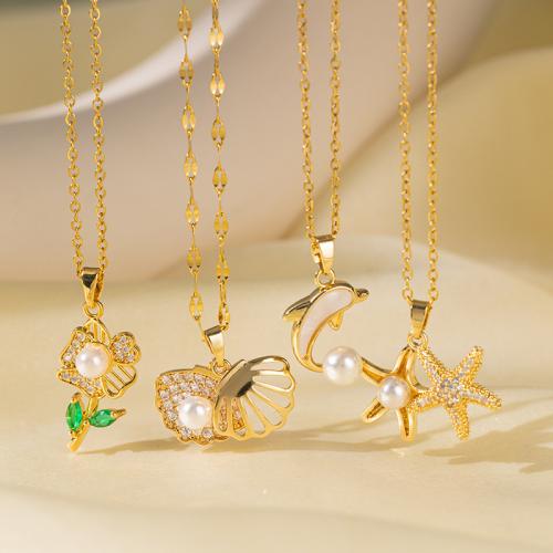 Titanová ocel náhrdelník, Titanium ocel, s Plastové Pearl & Mosaz, různé styly pro výběr & micro vydláždit kubické zirkony & pro ženy & smalt, zlatý, Prodáno By PC