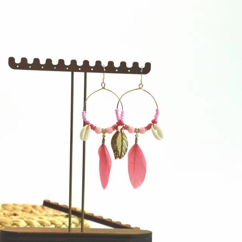 Fashion Feather Earring with Seedbead & Shell & Zinc Alloy gold color plated fashion jewelry & for woman Sold By Pair