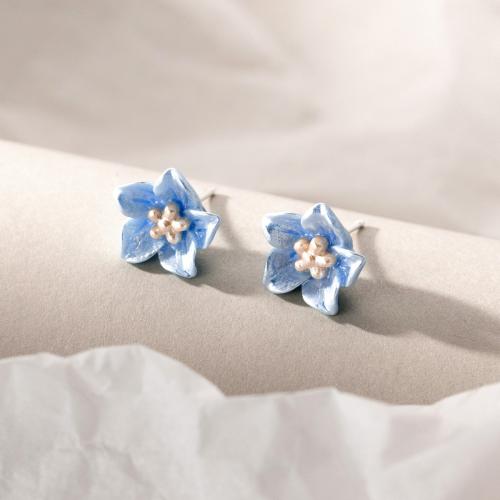 925 Sterling Silver Stud Earring with Resin & Plastic Pearl Flower Korean style & for woman 11mm Sold By Pair