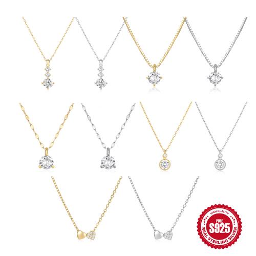 925 Sterling Silver Necklace, with 2inch extender chain, different styles for choice & micro pave cubic zirconia & for woman, Length:Approx 15.7 Inch, Sold By PC
