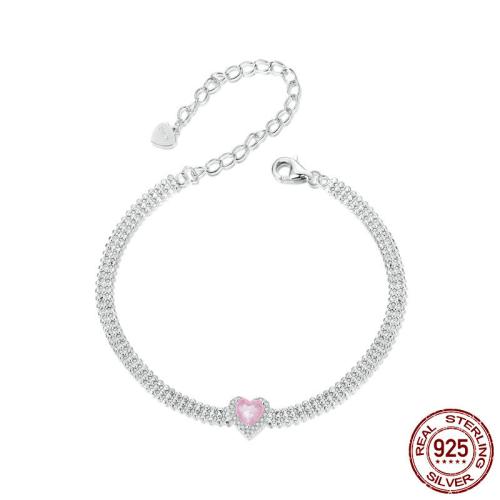 925 Sterling Silver Bracelet, with 2.36inch extender chain, Heart, platinum plated, micro pave cubic zirconia & for woman, Length:Approx 5.91 Inch, Sold By PC
