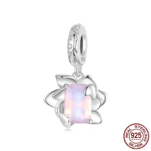 Cubic Zirconia Micro Pave 925 Sterling Silver Pendant, with Glass, Lotus, platinum plated, DIY & micro pave cubic zirconia, 12x22mm, Hole:Approx 4.5mm, Sold By PC
