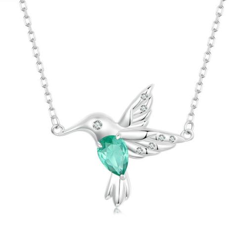 925 Sterling Silver Necklace, with Glass, with 1.97inch extender chain, Hummingbird, platinum plated, oval chain & micro pave cubic zirconia & for woman, Length:Approx 15.75 Inch, Sold By PC