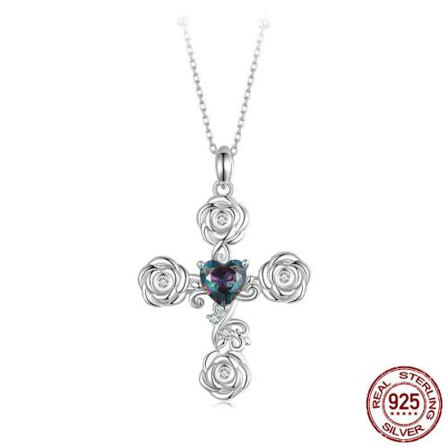 925 Sterling Silver Necklace with Glass with 1.97inch extender chain Cross platinum plated oval chain & micro pave cubic zirconia & for woman Length Approx 17.72 Inch Sold By PC