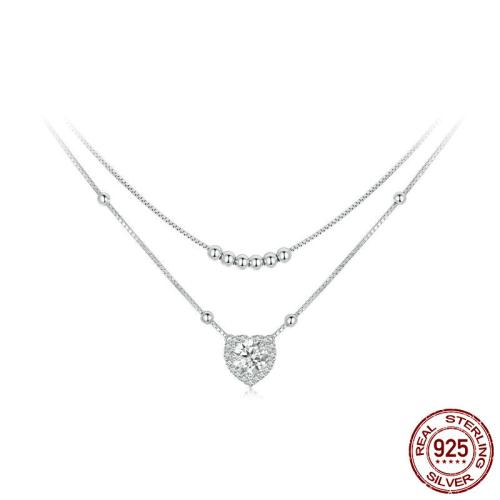 925 Sterling Silver Necklace, with Moissanite, with 1.97inch extender chain, Heart, platinum plated, Double Layer & box chain & micro pave cubic zirconia & for woman, Length:Approx 15.75 Inch, Sold By PC