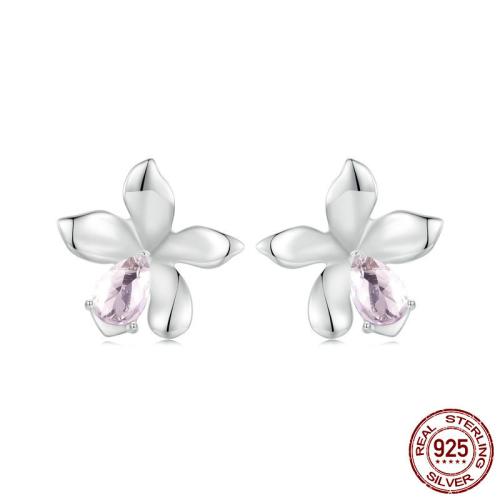 925 Sterling Silver Stud Earring, with Glass, Flower, platinum plated, fashion jewelry & for woman, 13x13mm, Sold By Pair