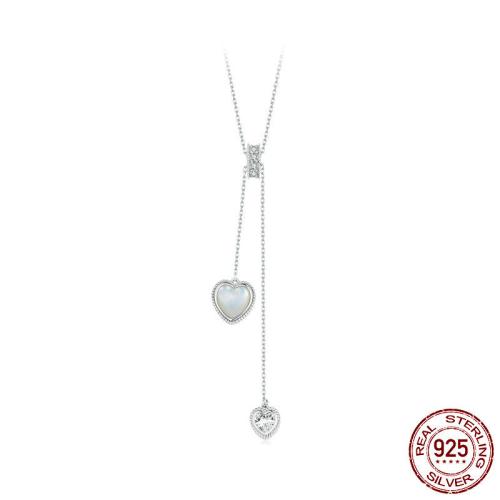 925 Sterling Silver Necklace with White Shell Heart platinum plated oval chain & micro pave cubic zirconia & for woman Length Approx 23.62 Inch Sold By PC
