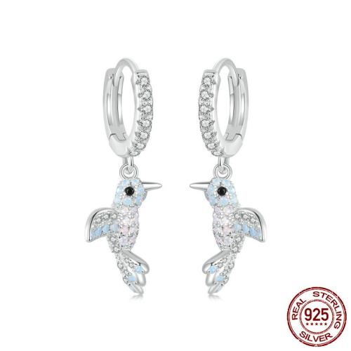 925 Sterling Silver Huggie Hoop Drop Earring with Opal Bird platinum plated micro pave cubic zirconia & for woman Sold By Pair