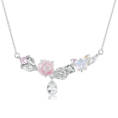 925 Sterling Silver Necklace with Resin Flower platinum plated oval chain & micro pave cubic zirconia & for woman Length Approx 19.69 Inch Sold By PC