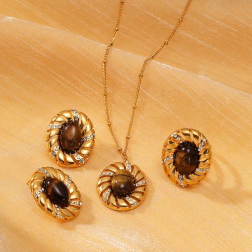 Cubic Zirconia Stainless Steel Jewelry Sets 304 Stainless Steel with Tiger Eye fashion jewelry & micro pave cubic zirconia & for woman golden Sold By PC