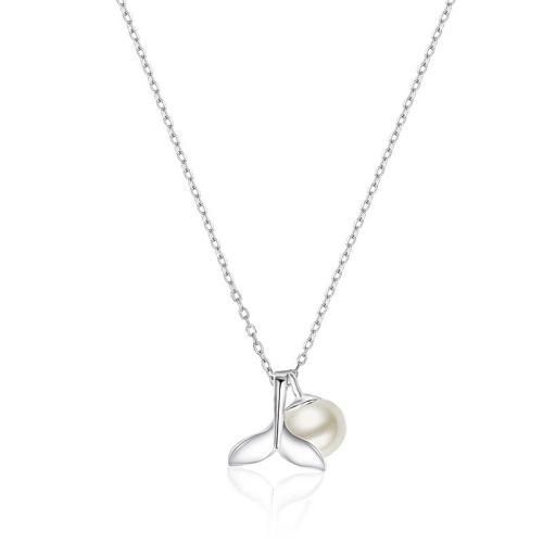 Cubic Zircon Micro Pave 925 Sterling Silver Necklace, with Shell Pearl, with 5cm extender chain, Mermaid tail, fashion jewelry & micro pave cubic zirconia & for woman, Length:Approx 40 cm, Sold By PC