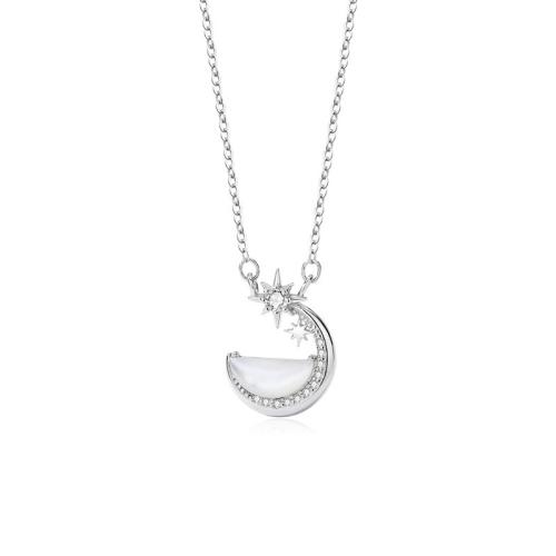 Cubic Zircon Micro Pave 925 Sterling Silver Necklace with White Shell with 5cm extender chain Moon and Star fashion jewelry & micro pave cubic zirconia & for woman Length Approx 40 cm Sold By PC