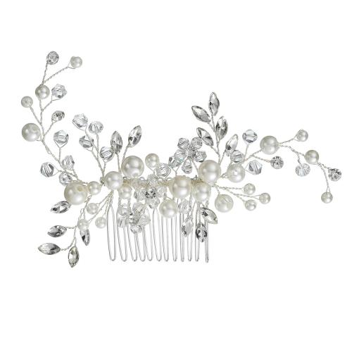 Dekoratives Haarkämmchen, Zinklegierung, mit Kristall & Kunststoff Perlen, Modeschmuck & für Frau & mit Strass, Silberfarbe, 140x70mm, verkauft von PC