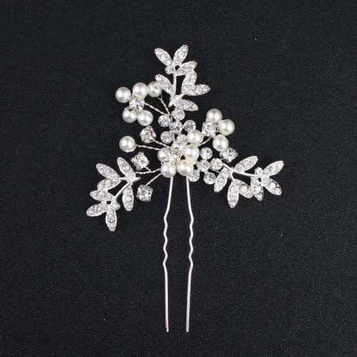 Hair Stick Zinc Alloy with Plastic Pearl fashion jewelry & for woman & with rhinestone silver color Sold By PC