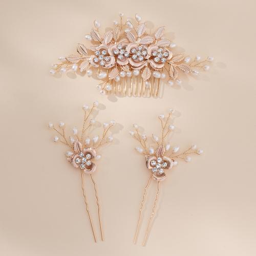 Mixed Hair Accessories, Tibetan Style, hair comb & hair stick, with Plastic Pearl, three pieces & for woman & with rhinestone, golden, Sold By Set