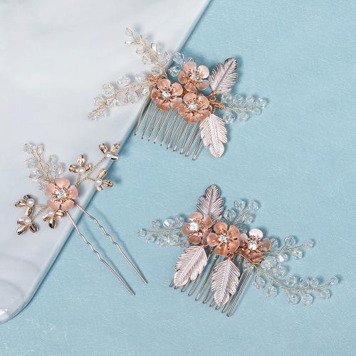 Mixed Hair Accessories, Tibetan Style, hair comb & hair stick, with Crystal, three pieces & for woman & with rhinestone, golden, Sold By Set