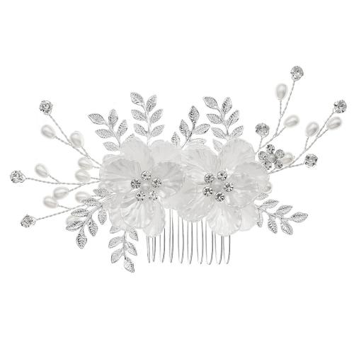 Decorative Hair Combs, Tibetan Style, with Plastic Pearl, fashion jewelry & for woman & with rhinestone, silver color, 145x70mm, Sold By PC