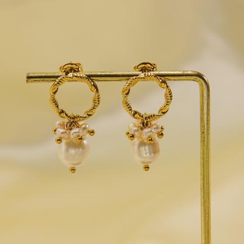Stainless Steel Drop Earring 304 Stainless Steel with pearl Vacuum Ion Plating fashion jewelry & for woman Sold By Pair