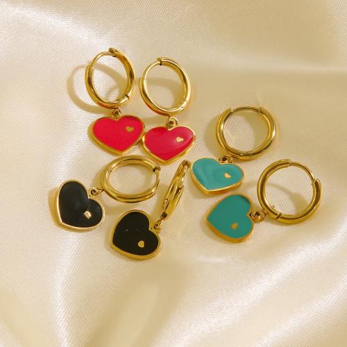 Huggie obruč Drop náušnice, 304 Stainless Steel, Srdce, módní šperky & pro ženy & smalt, více barev na výběr, 12x12mm, Prodáno By Pair