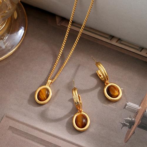 Brass Jewelry Set, with Tiger Eye, with 6CM extender chain, gold color plated, different styles for choice & for woman, more colors for choice, Earrings: Length 28, width 1CM, Length:45 cm, Sold By Pair
