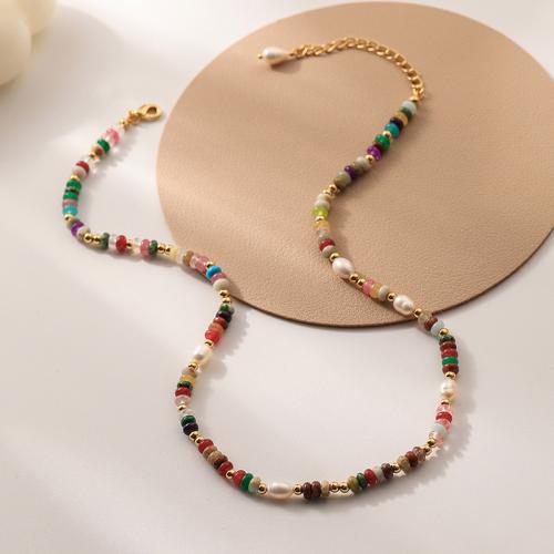 Brass Jewelry Set with Gemstone Chips & Plastic Pearl gold color plated & for woman & enamel nickel lead & cadmium free Sold By PC