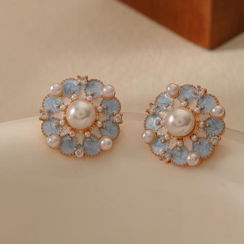 Brass Stud Earring, with Plastic Pearl, Flower, gold color plated, different styles for choice & for woman & enamel, blue, nickel, lead & cadmium free, 19x19mm, Sold By Pair