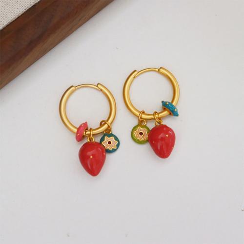 Brass Huggie Hoop Earring, Strawberry, gold color plated, for woman & enamel, red, nickel, lead & cadmium free, 30x8x8mm, Sold By Pair