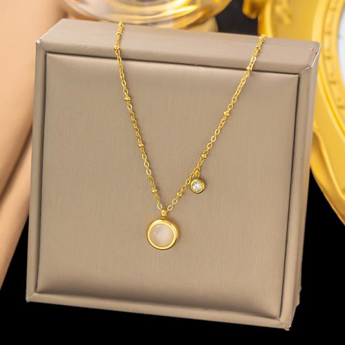 Titanium Steel Necklace, with Cats Eye, Round, gold color plated, different styles for choice & for woman & with rhinestone, Length:45 cm, Sold By PC