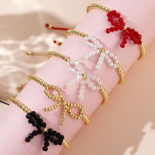 Tibetan Style Bracelet, with Cotton Thread & Plastic Pearl, Bowknot, gold color plated, for woman, Sold By PC