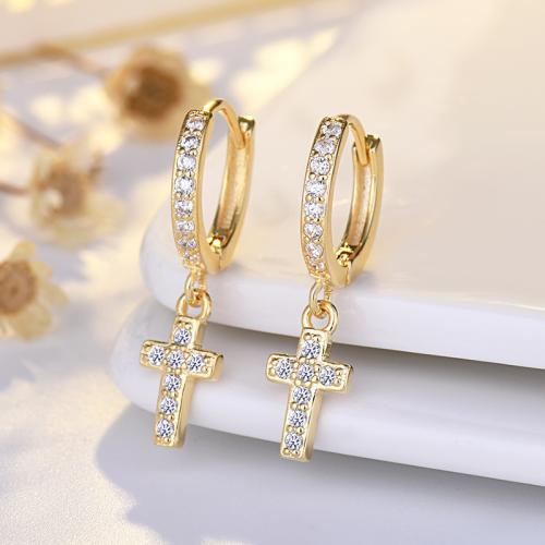Cubic Zirconia Micro Pave Brass Earring Cross plated fashion jewelry & micro pave cubic zirconia nickel lead & cadmium free Sold By Pair